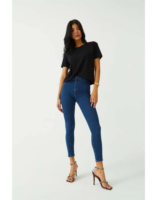 Koyu Mavi Yüksek Bel Skinny Fit Jean Likralı Önü Cepsiz Tayt Pantolon