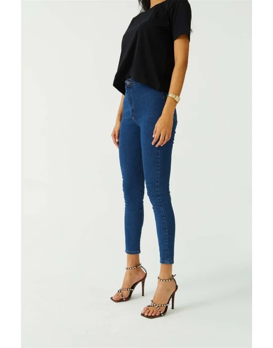 Koyu Mavi Yüksek Bel Skinny Fit Jean Likralı Önü Cepsiz Tayt Pantolon