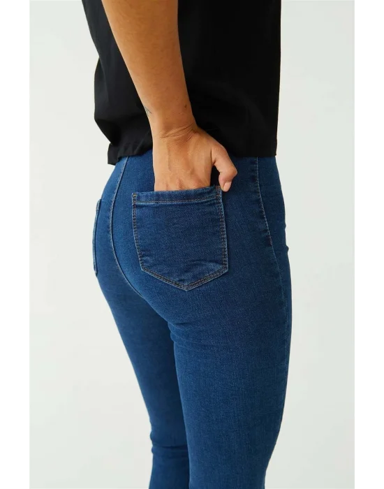 Koyu Mavi Yüksek Bel Skinny Fit Jean Likralı Önü Cepsiz Tayt Pantolon