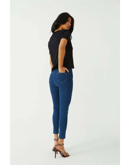 Koyu Mavi Yüksek Bel Skinny Fit Jean Likralı Önü Cepsiz Tayt Pantolon