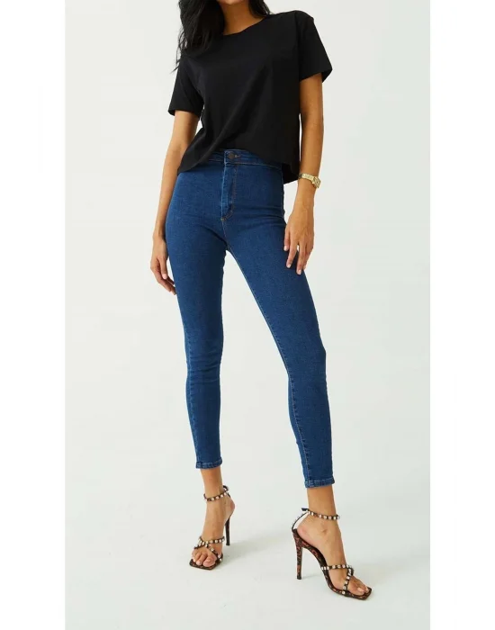 Koyu Mavi Yüksek Bel Skinny Fit Jean Likralı Önü Cepsiz Tayt Pantolon