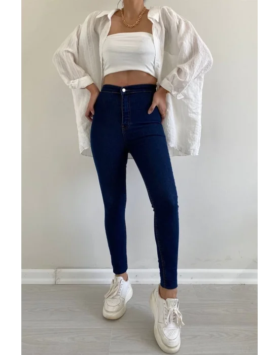 Dark Blue Yüksek Bel Skinny Fit Jean Likralı Önü Cepsiz Tayt Pantolon