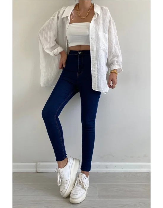 Dark Blue Yüksek Bel Skinny Fit Jean Likralı Önü Cepsiz Tayt Pantolon