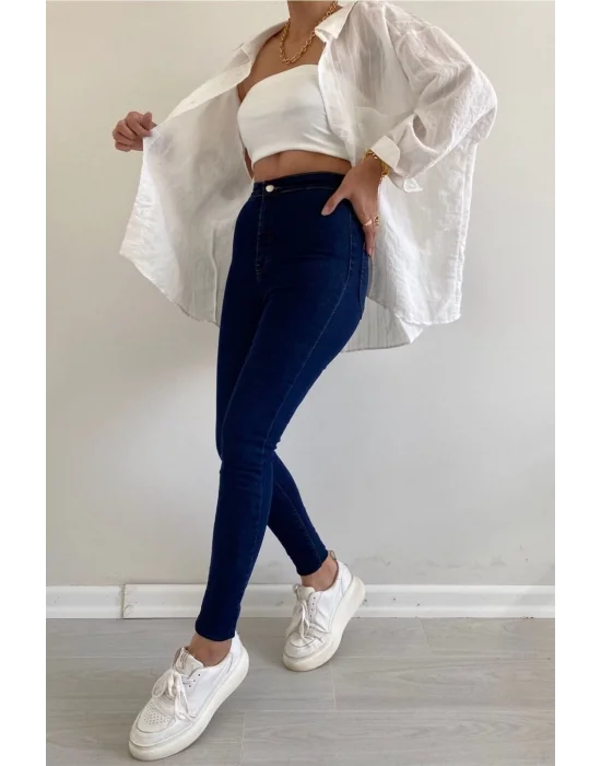 Dark Blue Yüksek Bel Skinny Fit Jean Likralı Önü Cepsiz Tayt Pantolon
