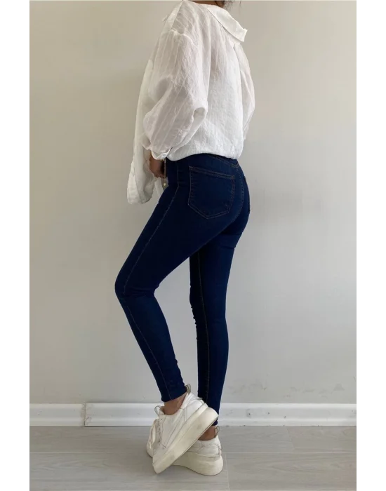 Dark Blue Yüksek Bel Skinny Fit Jean Likralı Önü Cepsiz Tayt Pantolon