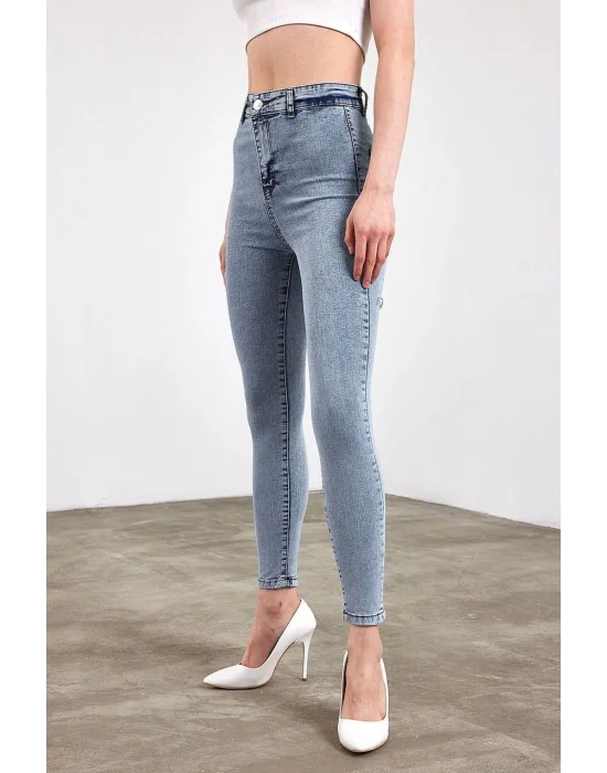 Kar Yıkama Yüksek Bel Skinny Fit Jean Likralı Önü Cepsiz Tayt Pantolon