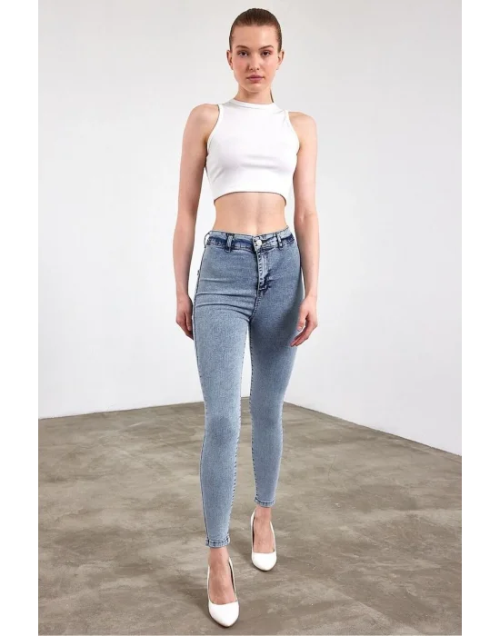 Kar Yıkama Yüksek Bel Skinny Fit Jean Likralı Önü Cepsiz Tayt Pantolon