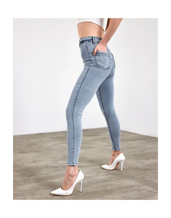 Kar Yıkama Yüksek Bel Skinny Fit Jean Likralı Önü Cepsiz Tayt Pantolon