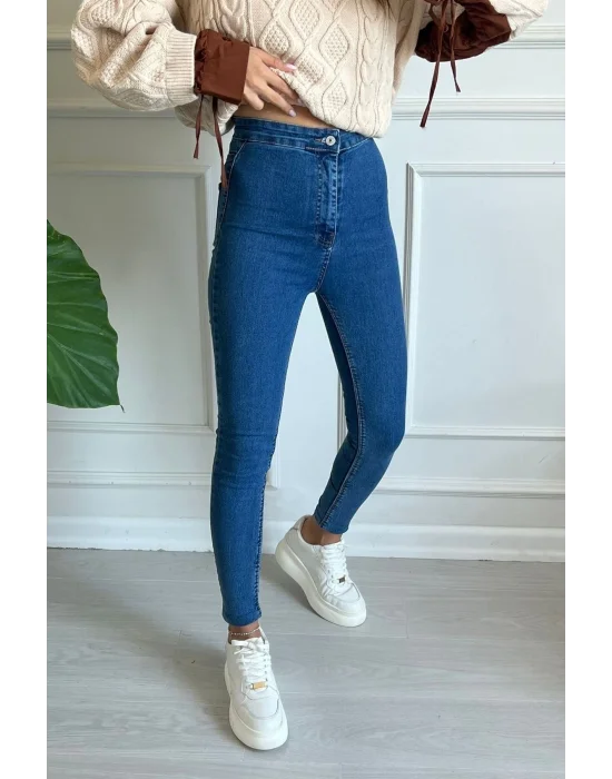 Mavi Yüksek Bel Skinny Fit Jean Likralı Önü Cepsiz Tayt Pantolon