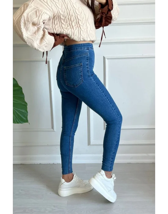 Mavi Yüksek Bel Skinny Fit Jean Likralı Önü Cepsiz Tayt Pantolon