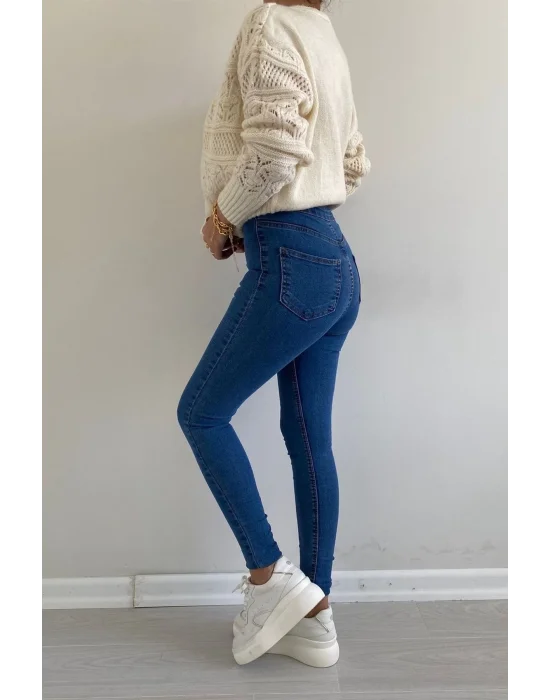 Mavi Yüksek Bel Skinny Fit Jean Likralı Önü Cepsiz Tayt Pantolon