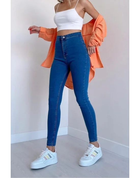 Açık Mavi Yüksek Bel Skinny Fit Jean Likralı Önü Cepsiz Tayt Pantolon