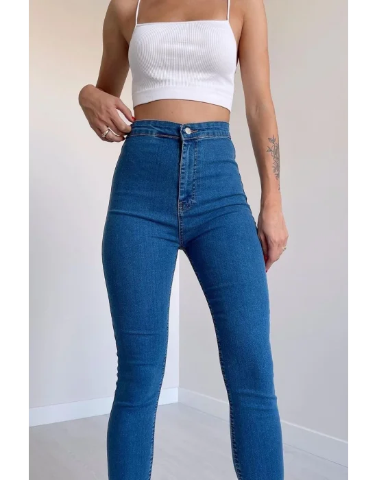 Açık Mavi Yüksek Bel Skinny Fit Jean Likralı Önü Cepsiz Tayt Pantolon