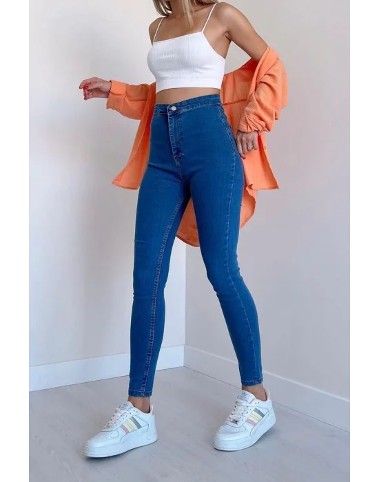 Açık Mavi Yüksek Bel Skinny Fit Jean Likralı Önü Cepsiz Tayt Pantolon