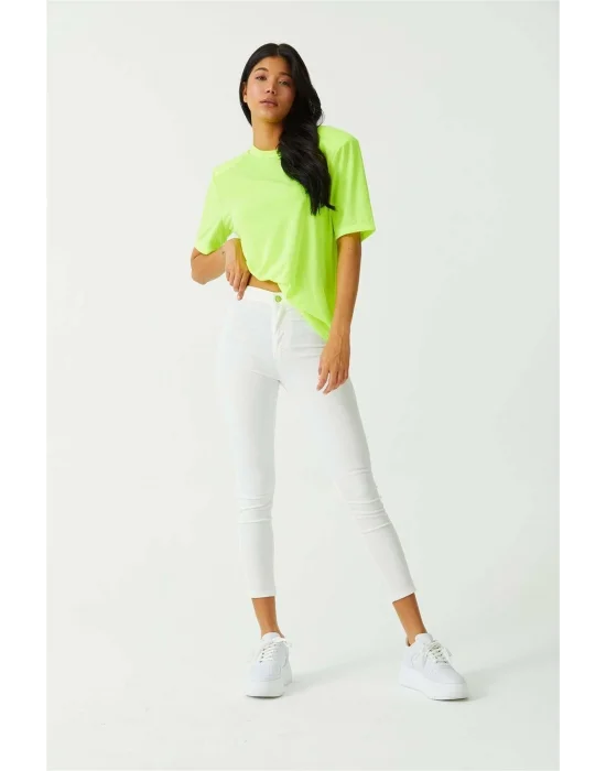 Beyaz Yüksek Bel Skinny Fit Jean Likralı Önü Cepsiz Tayt Pantolon