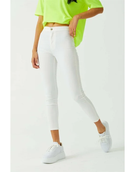 Beyaz Yüksek Bel Skinny Fit Jean Likralı Önü Cepsiz Tayt Pantolon