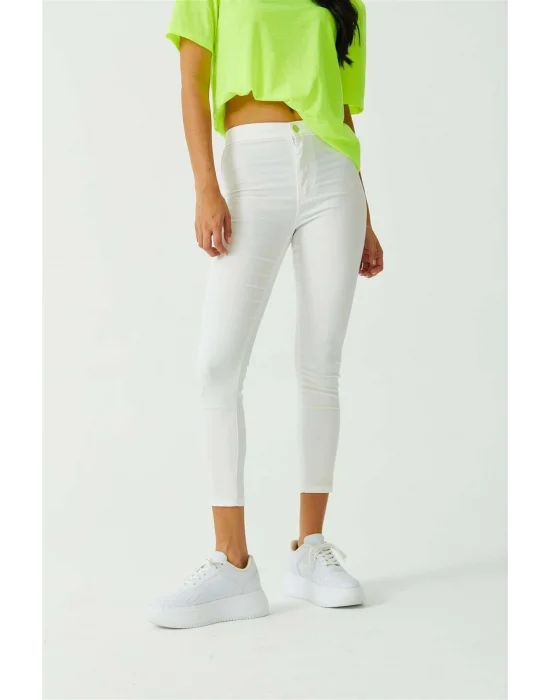Beyaz Yüksek Bel Skinny Fit Jean Likralı Önü Cepsiz Tayt Pantolon