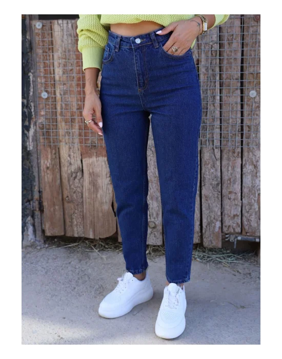 Lacivert Mom S Jeans Likralı Yüksek Bel Pantolon