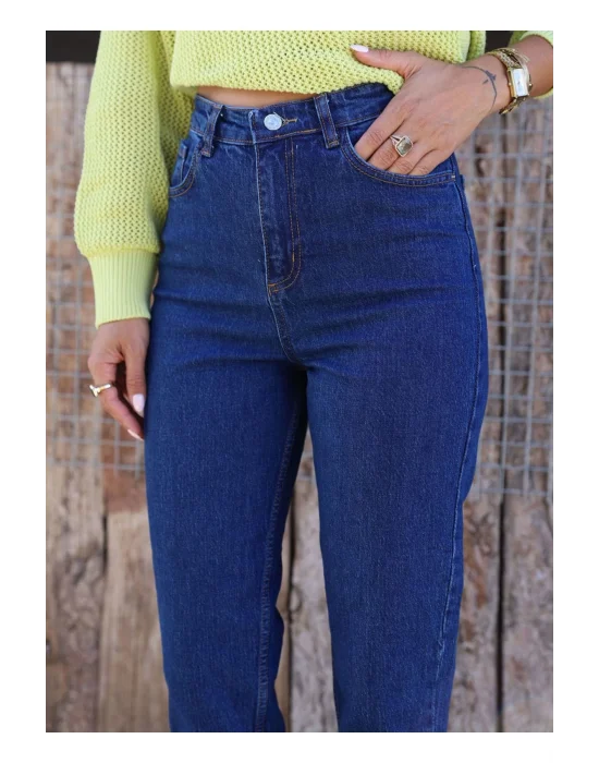 Lacivert Mom S Jeans Likralı Yüksek Bel Pantolon