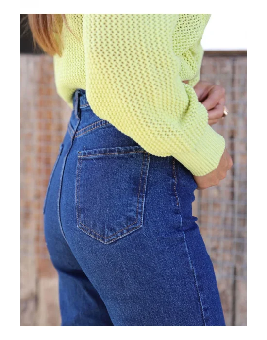 Lacivert Mom S Jeans Likralı Yüksek Bel Pantolon