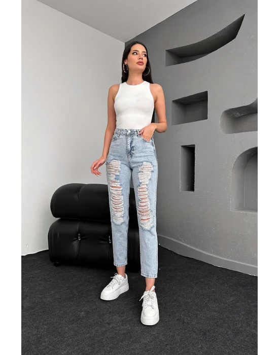 Premium Yırtık Buz Mavi Mom Jeans