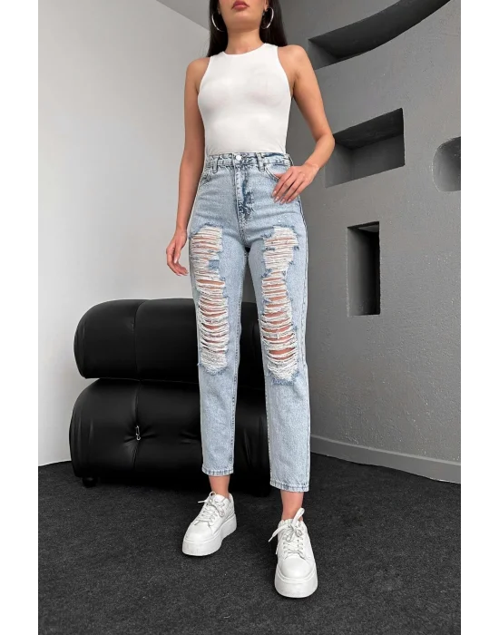 Premium Yırtık Buz Mavi Mom Jeans