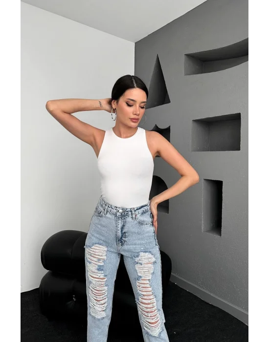 Premium Yırtık Buz Mavi Mom Jeans