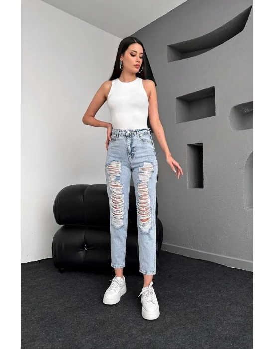 Premium Yırtık Buz Mavi Mom Jeans