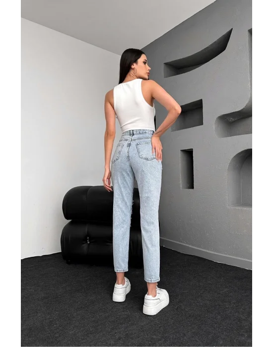 Premium Yırtık Buz Mavi Mom Jeans