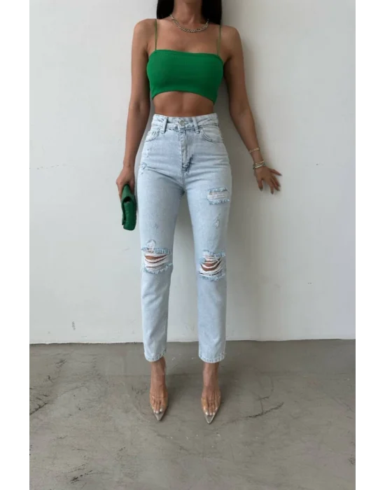 Premium Yırtık Detay Buz Mavi Mom Jeans