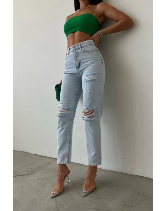 Premium Yırtık Detay Buz Mavi Mom Jeans