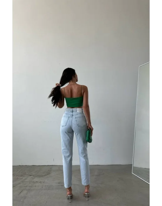 Premium Yırtık Detay Buz Mavi Mom Jeans