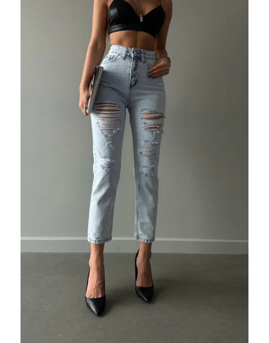 Premium Yırtık Detay Buz Mavi Mom Jeans