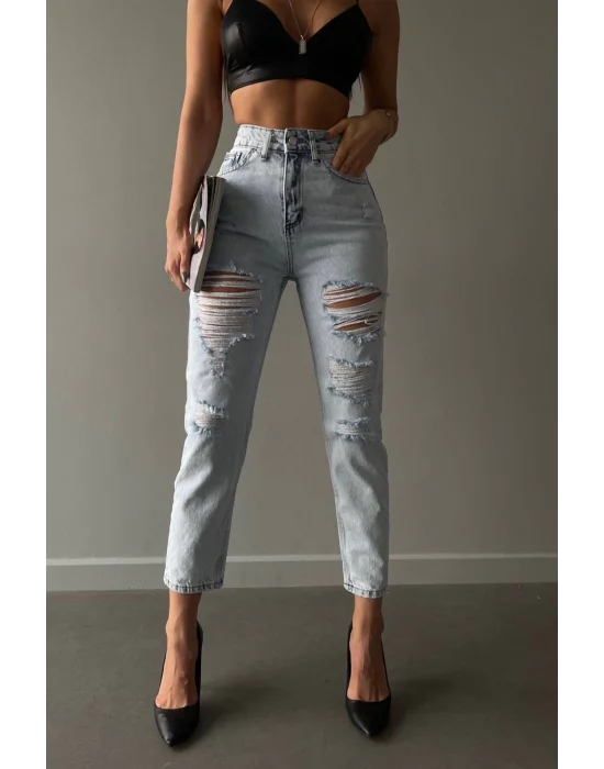 Premium Yırtık Detay Buz Mavi Mom Jeans