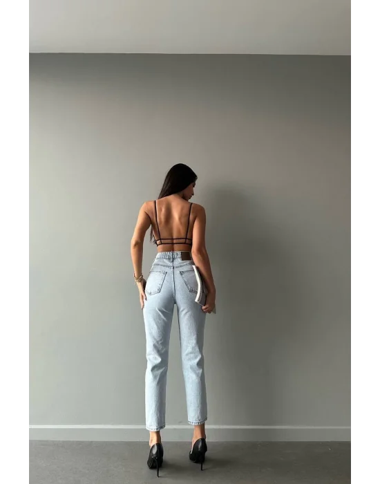 Premium Yırtık Detay Buz Mavi Mom Jeans