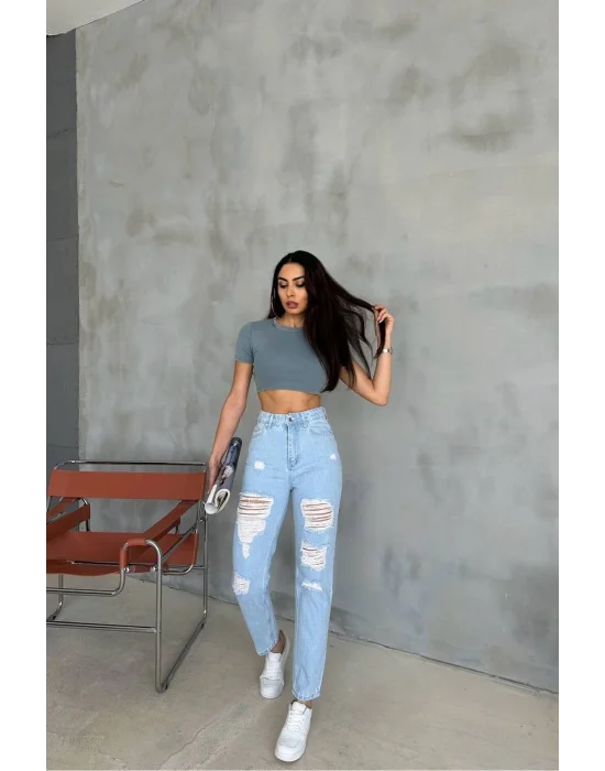 Premium Yırtık Detay Açık Mavi Mom Jeans