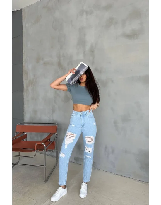 Premium Yırtık Detay Açık Mavi Mom Jeans