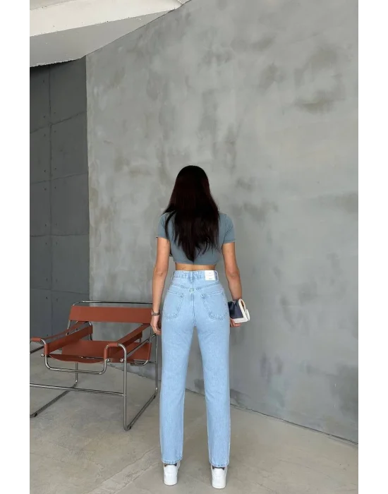 Premium Yırtık Detay Açık Mavi Mom Jeans