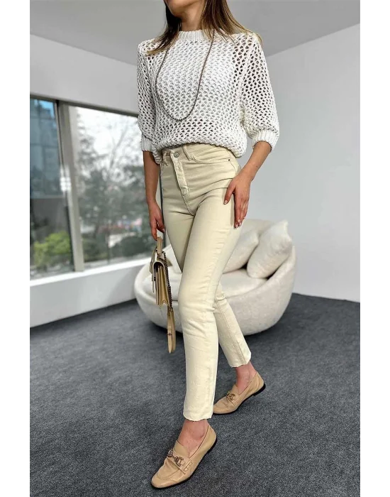 Bej Mom Fit Jeans Boyfriend Yüksek Bel Pantolon