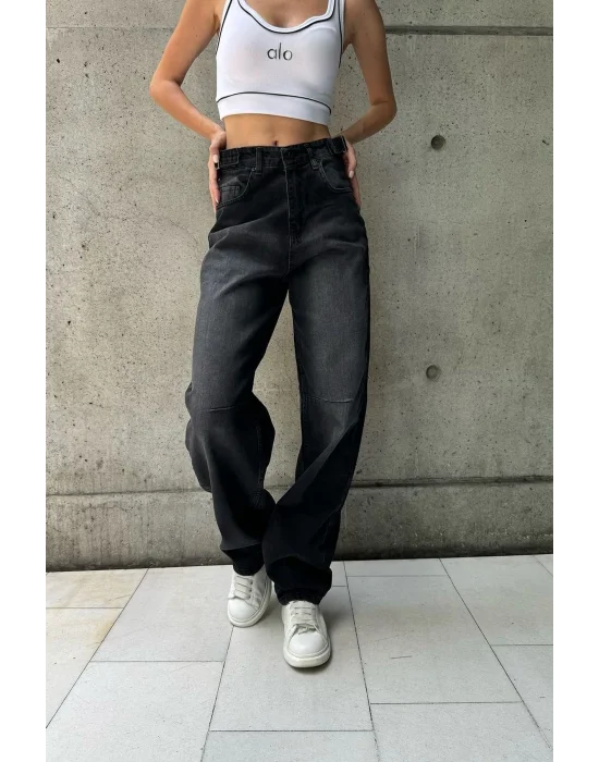 Siyah Premium Ayarlanabilir Yan Kemer Tokalı Baggy Jeans