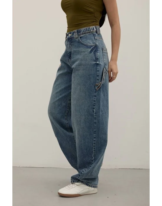Tint Blue Premium Yıkamalı Kemerli Baggy Jeans