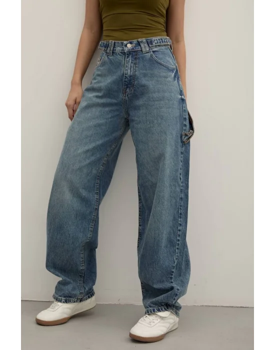 Tint Blue Premium Yıkamalı Kemerli Baggy Jeans