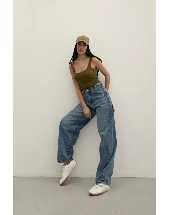 Tint Blue Premium Yıkamalı Kemerli Baggy Jeans