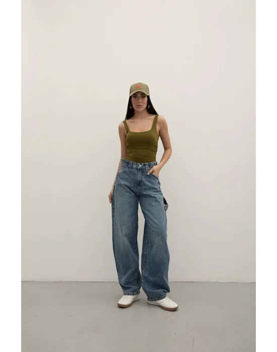 Tint Blue Premium Yıkamalı Kemerli Baggy Jeans