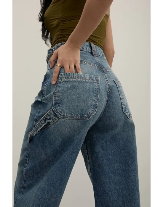 Tint Blue Premium Yıkamalı Kemerli Baggy Jeans