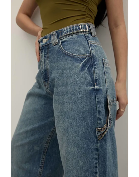 Tint Blue Premium Yıkamalı Kemerli Baggy Jeans