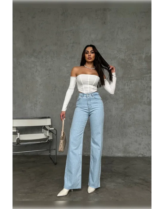 Ice Blue Premium Yıkamalı Wide Leg Jeans
