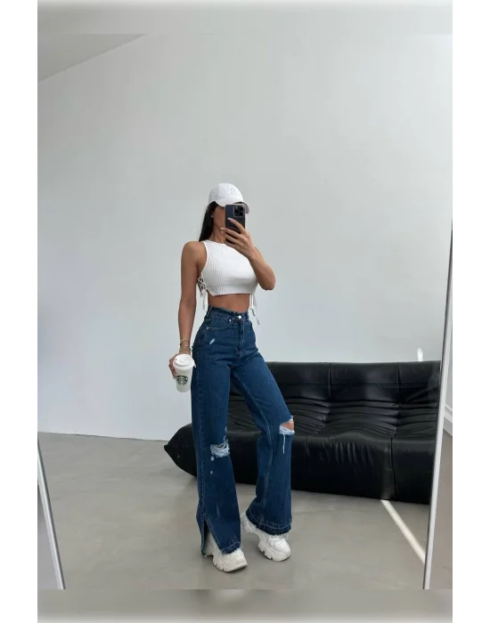 Lazer Detaylı Koyu Mavi Premium Yıkamalı Wide Leg Jeans