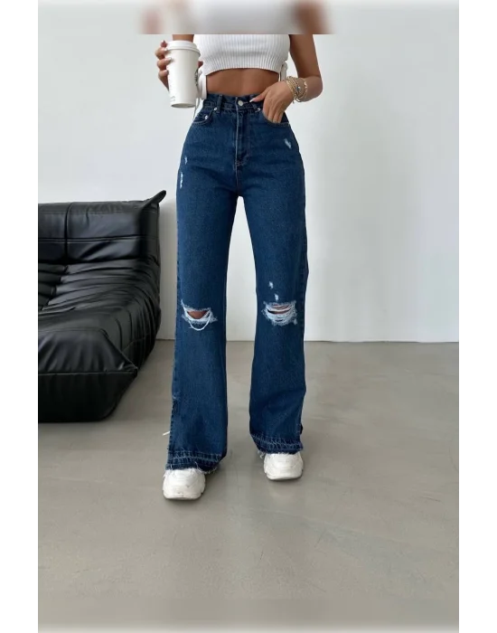 Lazer Detaylı Koyu Mavi Premium Yıkamalı Wide Leg Jeans