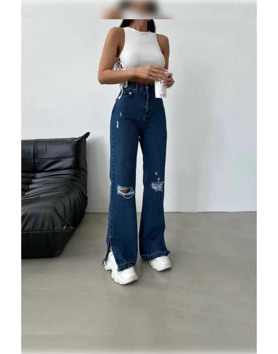 Lazer Detaylı Koyu Mavi Premium Yıkamalı Wide Leg Jeans